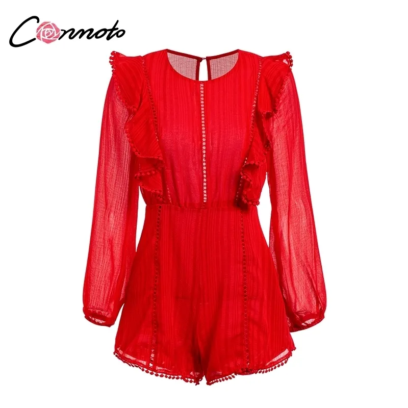 Conmoto Solid Hollow Out Long Sleeve Women Playsuit Red Party Elegant Casual Romper Backless Ruffle Short Jumpsuit Rompers Y190502