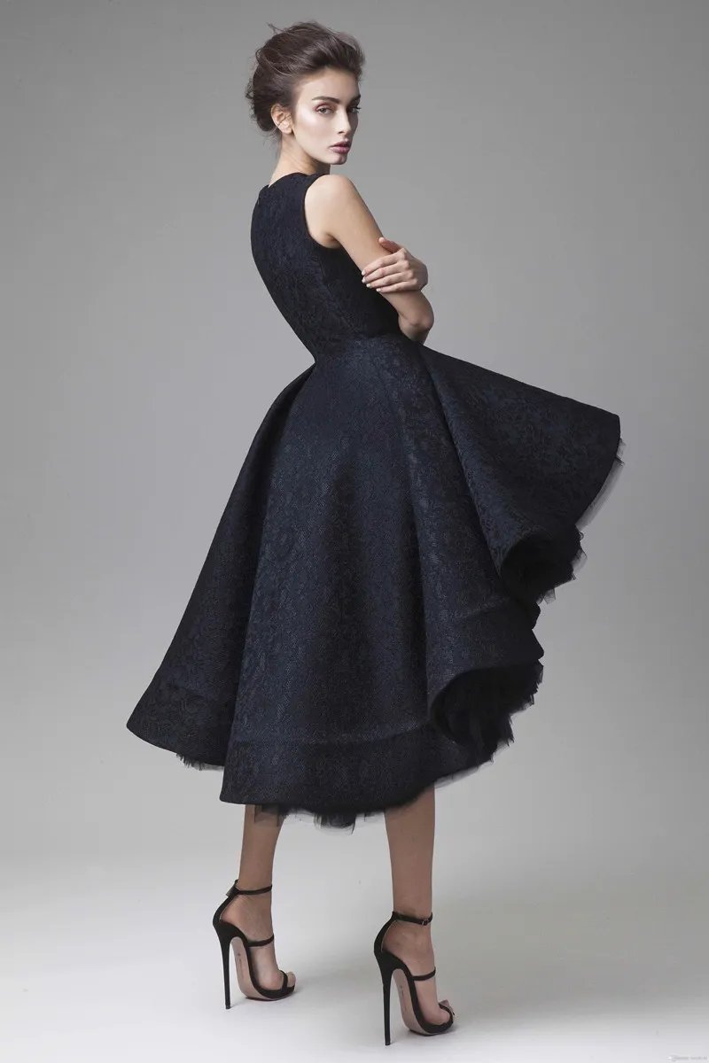 2019新しいKrikor Jabotian Evening Gowns Hand Made Flower Jewell Neck Hi Lo PROMドレスリトルブラックセクシーベスティドスフェスタ237o