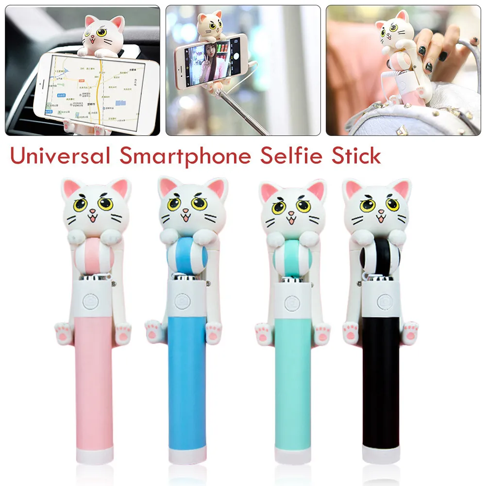 Mini Selfie Sticks Monopod Filaire Extensible Mignon Chat De Dessin Animé Selfie Pour Smartphone Universel Portable Selfpole Pour Ios Android1220158