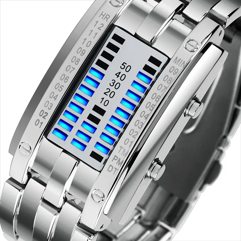 Reloj deportivo SKMEI creativo de moda para hombre, correa de acero inoxidable, relojes con pantalla LED, reloj Digital resistente al agua 5Bar, reloj para hombre 0926293u
