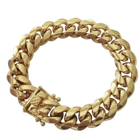 Pulsera de eslabones cubanos de Miami para hombre, acero inoxidable chapado en oro de 18 quilates, 14 mm, 280 w