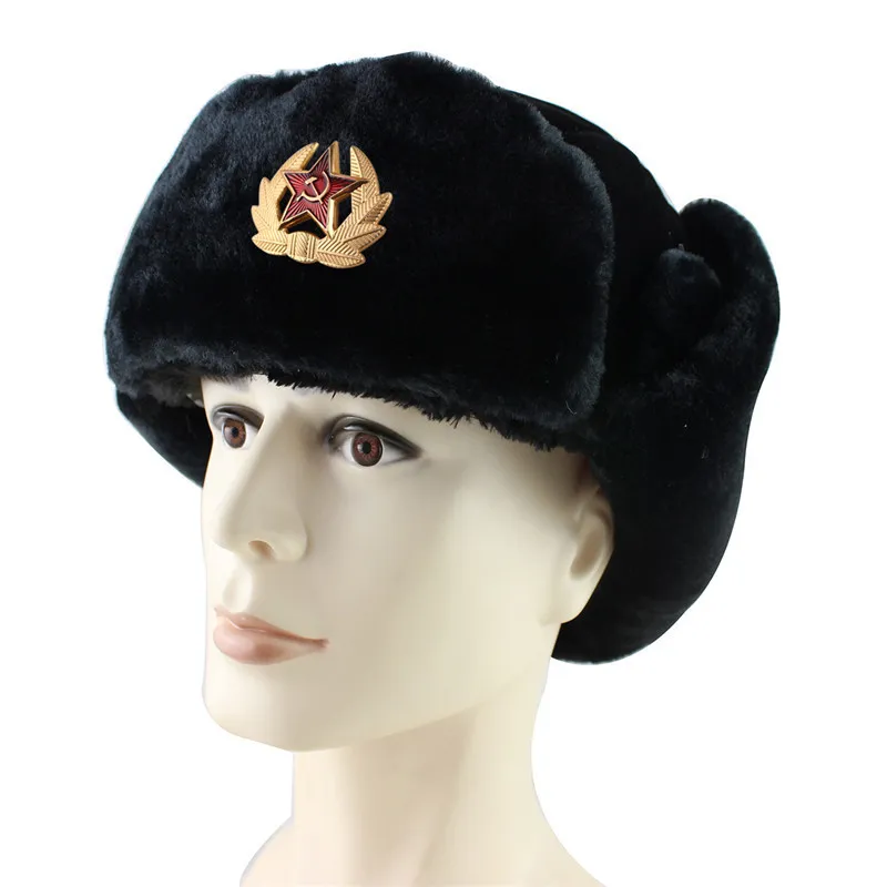 Emblema militar do exército soviético Rússia Ushanka Bomber Hats Pilot Trapper Trooper Hat Winter Faux Rabbit Fur Earflap Men Snow Caps D19012167