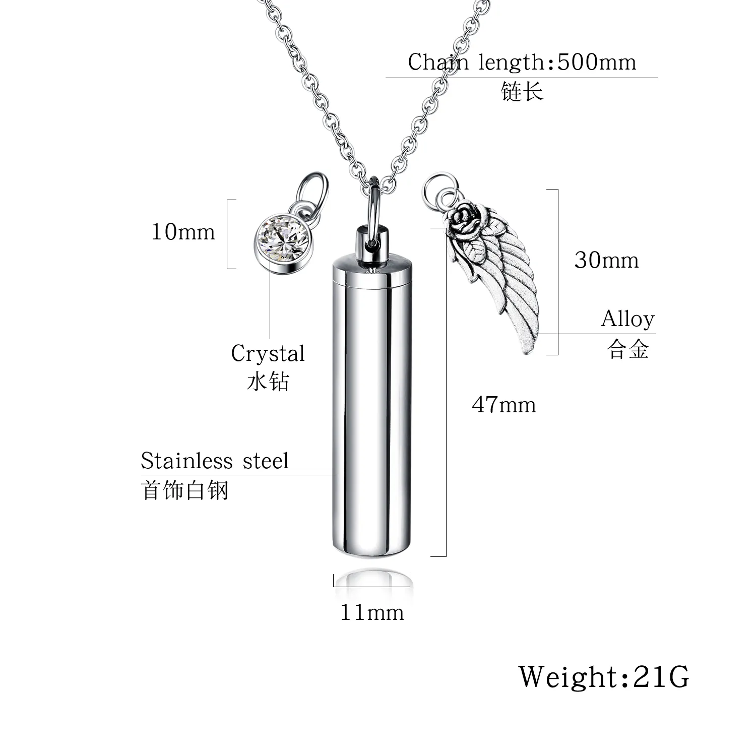 Capsule de cylindre Secret Message Crémation du flacon Collier Urn Collier en acier inoxydable Aile de médaillon et collier à largeur en cristal 262T
