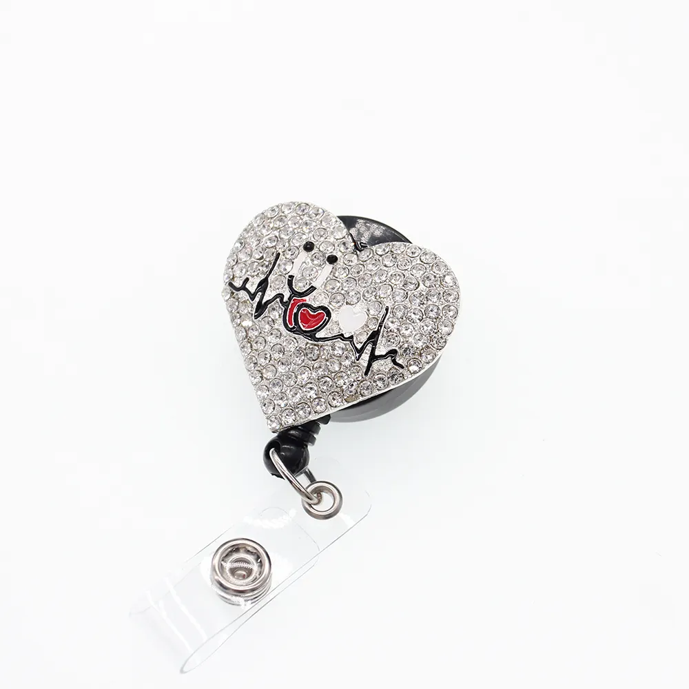 / porte-clés scintillants strass coeur forme infirmière médecin symbole stéthoscope porte-badge rétractable avec Alli337j