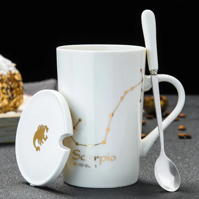 12 별자리 숟가락 뚜껑 흰색 도자기 조디악 우유 커피 컵 450ml 물 음료웨어 253S를 가진 창조적 인 세라믹 머그잔