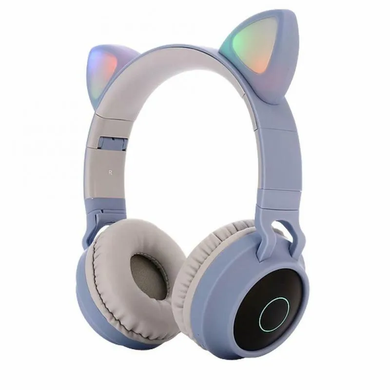 귀여운 만화 블루투스 5.0 헤드폰 어린이 LED 고양이 귀 무선 스테레오 헤드셋 어린이 스포츠 게임 헤드 밴드 스마트 폰 전화를위한 마이크