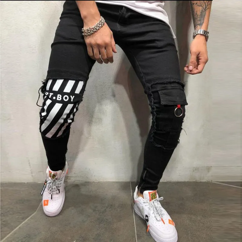 Mens Cool Designer Marca Lápis Jeans Skinny Rasgado Destruído Estiramento Slim Fit Hop Hop Calças com Buracos para Homens Impresso Calças de Jeans T200608