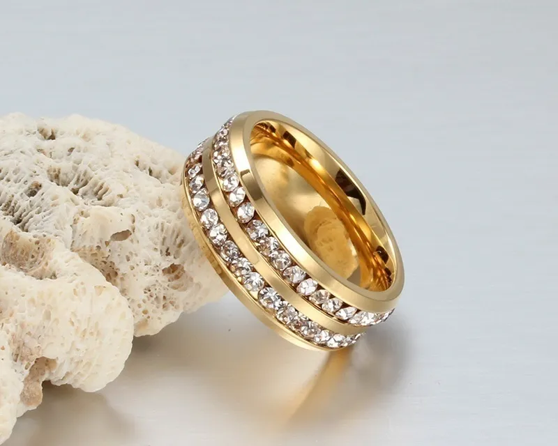 Bagues de Couple-anneaux en acier inoxydable Zircon à Double rangée pour hommes et femmes, bague en or jaune 18 carats remplie de diamant saphir blanc295r