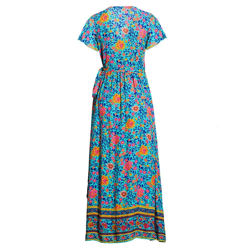 Boho Floral Print Long Maxi Vrouwen Chiffon Jumpsuit Split Summer Beach V-hals Korte Mouw Dames Wrap Playsuits Robe Femme 2019 Y19060501