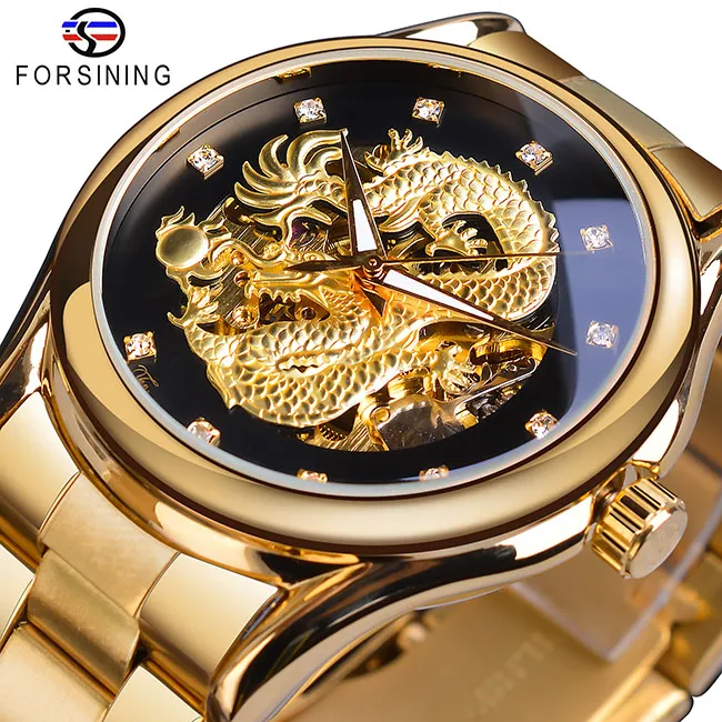 Автоматические механические часы Forsining с серебряным драконом и скелетом, наручные часы с ремешком из нержавеющей стали, мужские часы Waterproo299l
