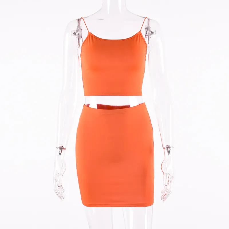 Anjamanor Neon Orange Green Bodycon Dwuczęściowy zestaw spódnicy seksowne stroje klubowe 2020 Summer 2 -częściowe Zestawy D70BC16 CX20079298951