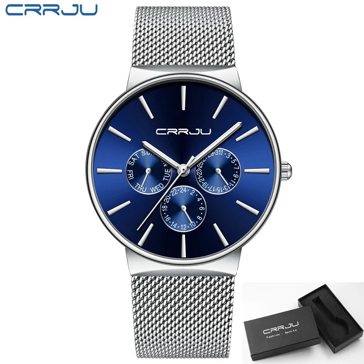 Reloj hombre crrju masculino relógios azuis cronógrafo ultra fino data moda relógio de pulso para masculino malha cinta casual quartzo clock193w