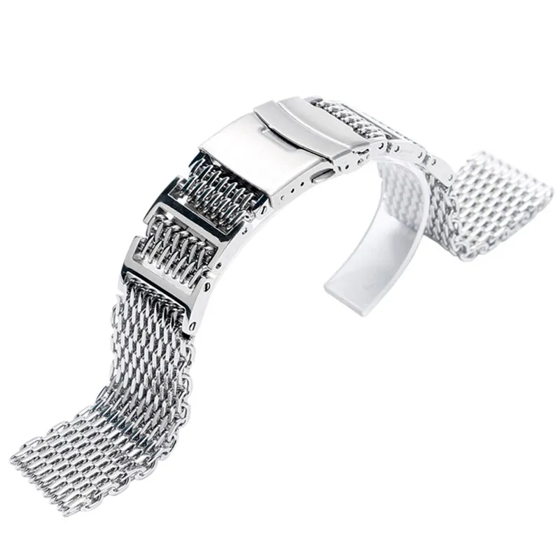20 22 24mm Silver Black Stainless Steel Shark Mesh Solid Link Wrist Watch Band Replacement Strap Folding Clasp220H