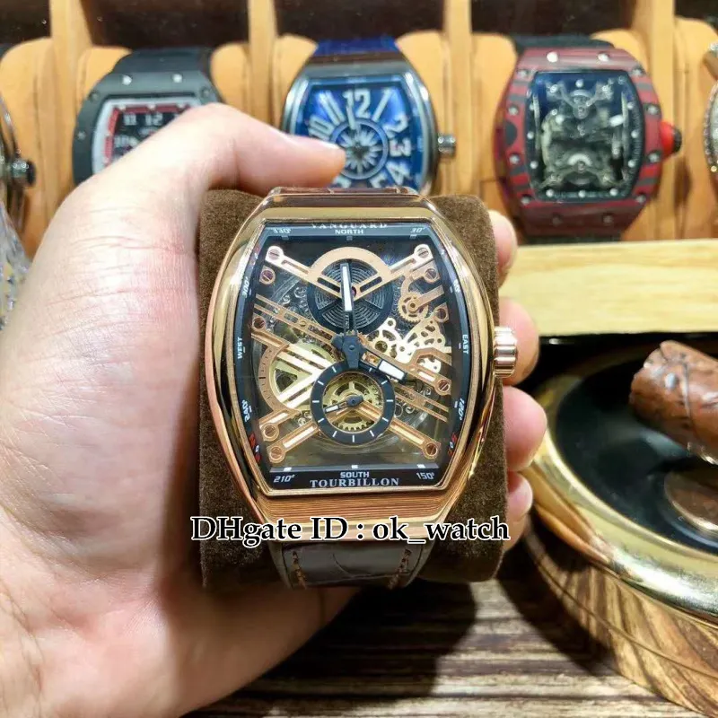 New Vanguard V 45 S6 SQT Rose Gold Case Mens Aments Watch Skeleton Black Dial Leather Strap حزامًا عالي الجودة Tourbillon Gents223F