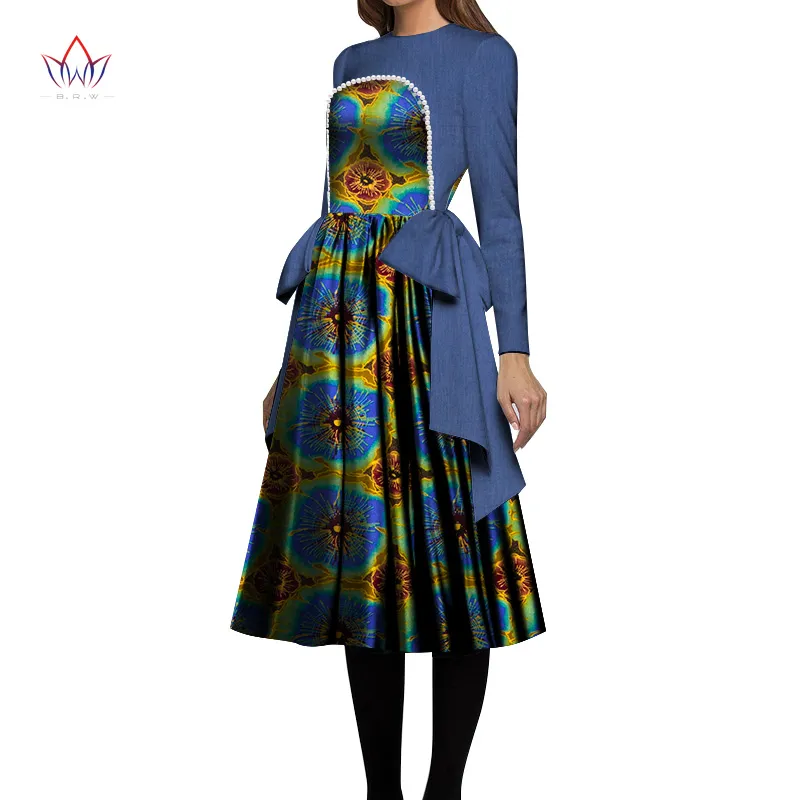 African Women Dress 2020 Pearl Denim Print Tyg Skriv ut Vaxklänningar Bazin Riche Mid-Calf Afrika Bow Sexy Dress WY6694