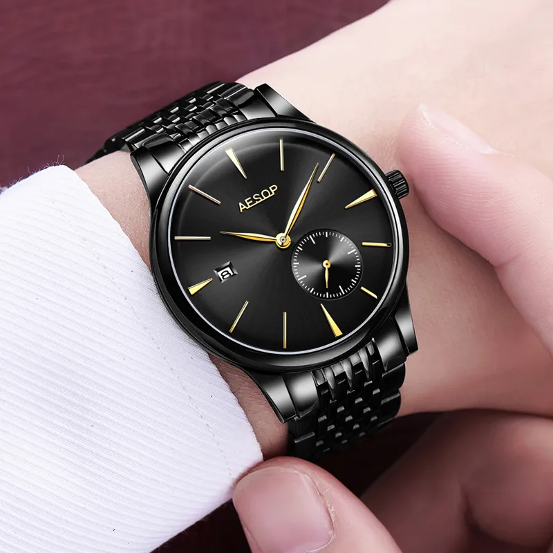 AESOP ultra mince 8 5mm classique Simple montre hommes argent doré minimaliste mâle horloge pleine acier heures Relogio Masculino297F