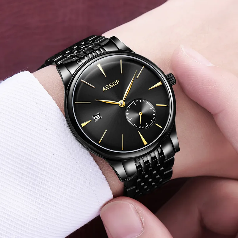 AESOP Ultra Thin 8 5mm Classic Watch Men Sliver Golden Minimalist Male Clock Clock Full Steel Hours Relogio Massulino281f