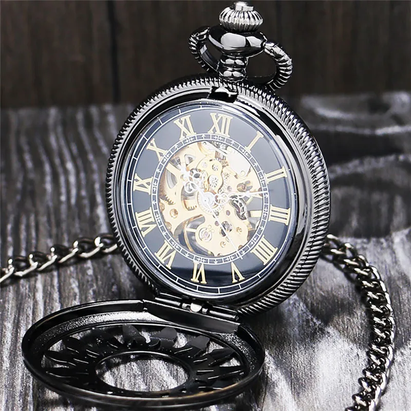 Steampunk antico nero oro bronzo orologio da tasca scheletro a carica manuale orologi meccanici uomo donna orologio FOB pendente catena regalo2319