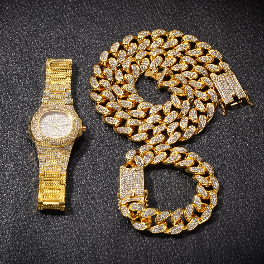mens hip hop aced out bling سلسلة أساور قلادة diamond Watch Cuban Link Cains Hiphop Jewelry313b