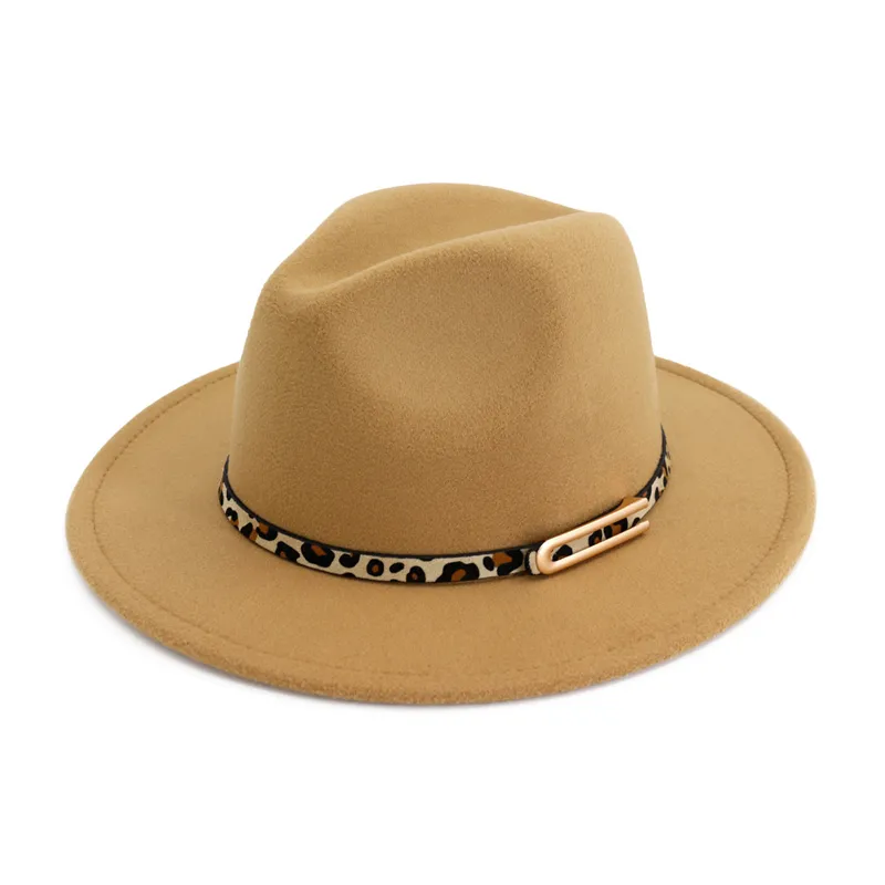 Lady Panama Fedoras Wool Felt Brim Jazz Jazz Fedora Chapeaux pour femmes Trilby Derby Gambler Hat avec léopard imprimer en cuir Buckle274X