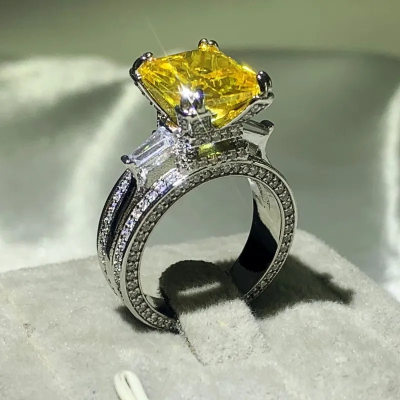 Choucong Brand Couple Wedding Rings Luxury Jewelry 925 Sterling Silver Large Princess Cut Gold Topaz CZ Diamond Gemstones Party Wo196U