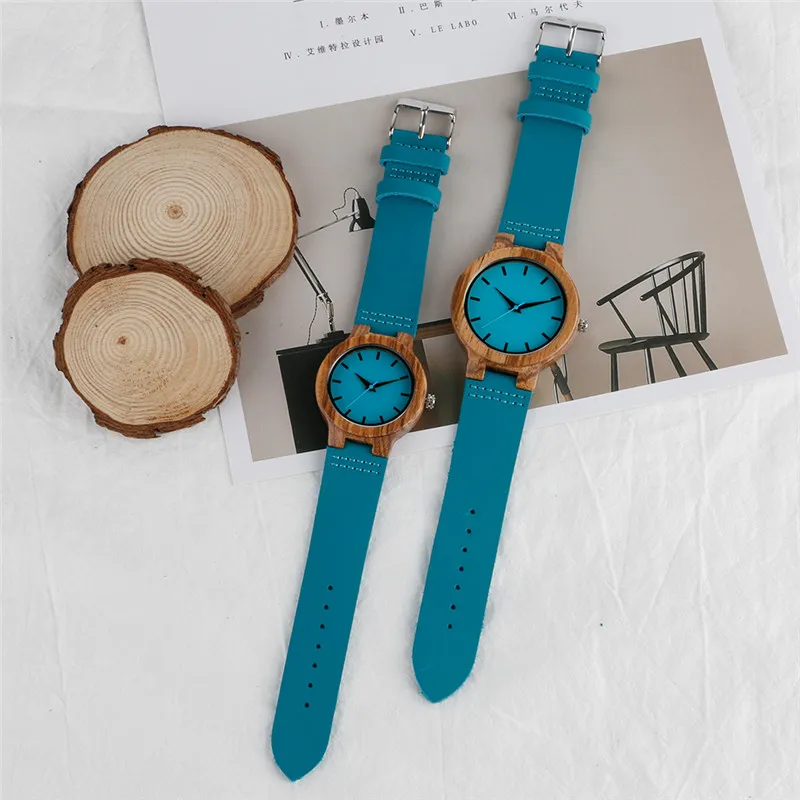 Montre de luxe en bois bleu royal, montre-bracelet à quartz, horloge en bambou 100% naturel, bracelet en cuir décontracté, cadeaux de la Saint-Valentin pour Me2380
