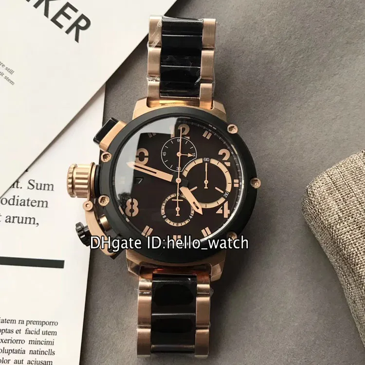 Lewa pod ręka 50 mm U-51 U51 Chimera Bronze 7474 Black Skeleton Dial Miyota Quartz Chronograph Mens Watch Rose Gold Steel Bransoleta ST258P