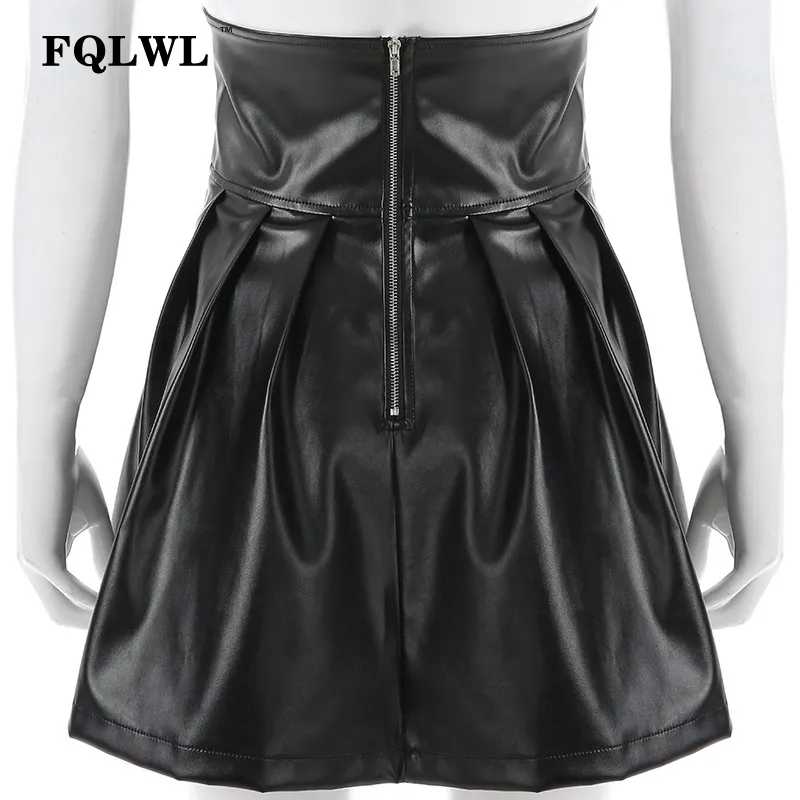 Fqlwl Ruffles Lace Up Faux Pu Leather Skirts Womens High Waist Bandage Mini Skirt Black Short Pleated Club Sexy Skirt Female Y19042602