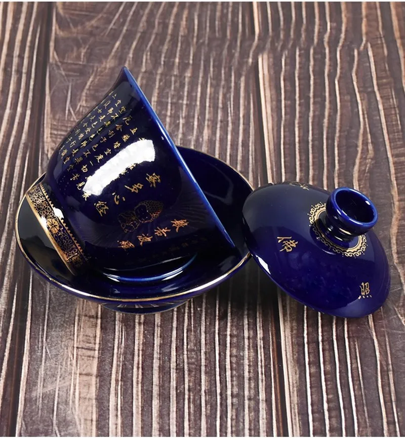 Cerámica Zen Gaiwan Buda esmaltado porcelana té sopera Color azul y negro creativo Vintage Kung Fu tazón taza y platillo 197x