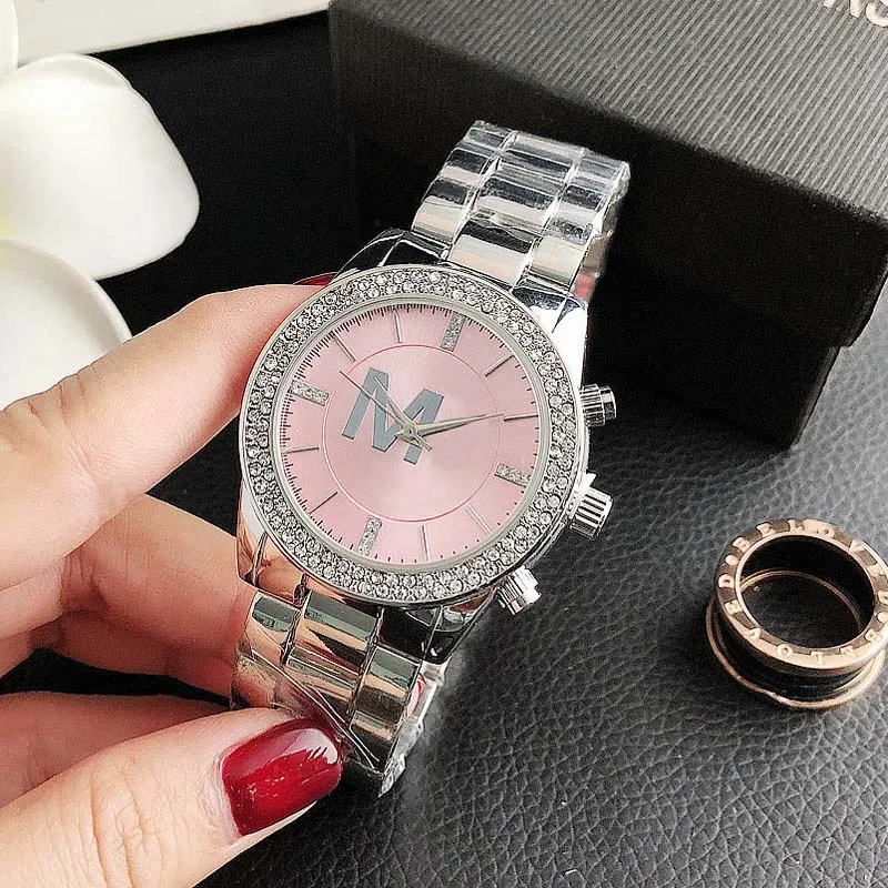 브랜드 손목 시계 여자 여자 소녀 크리스탈 다이아몬드 큰 글자 스타일 메탈 스틸 밴드 쿼츠 시계
