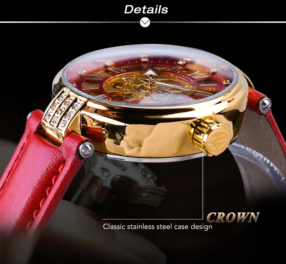 Forsining Fashion Golden Skeleton Diamond Design Rosso cinturino in vera pelle luminoso Lady orologi meccanici Top Brand Luxury233A