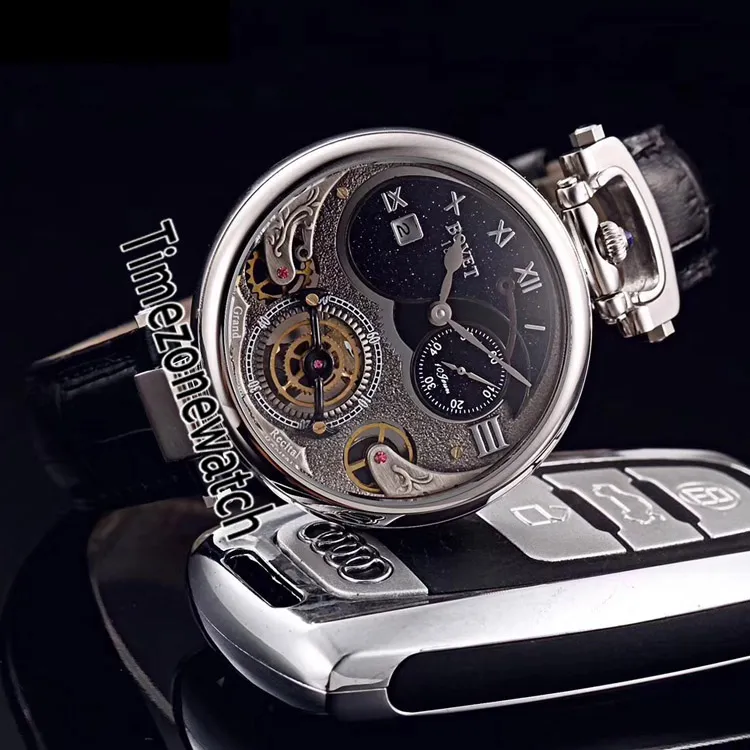 Bovet 1822 Tourbillon Amadeo Fleurie Automatische Skelett-Herrenuhr, Stahlgehäuse, weißes Zifferblatt, römische Markierungen, schwarzes Leder, Zeitzonenuhr, 270 l