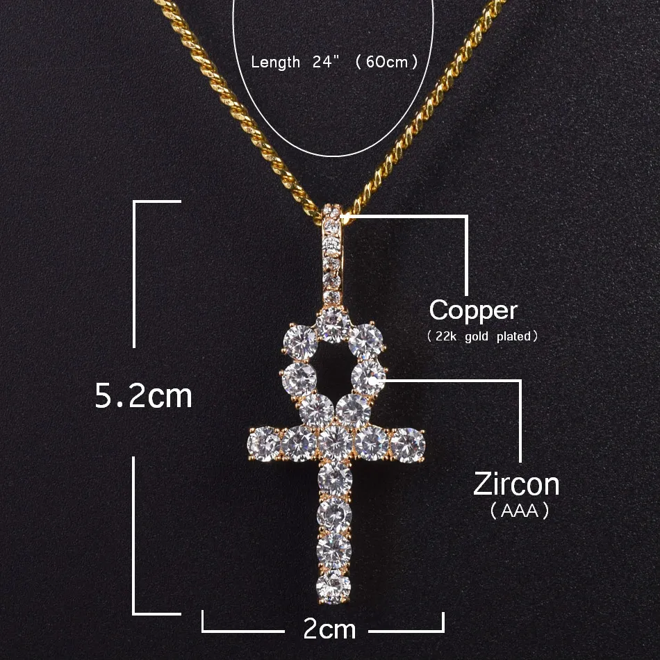 Zircon Zircon Ankh Cross Netclace Jewelry مجموعة الذهب الفضة النحاس المادة بلينغ تشيك تريسلاندا مفتاح الحياة مصر المعلقات قلادة 271q