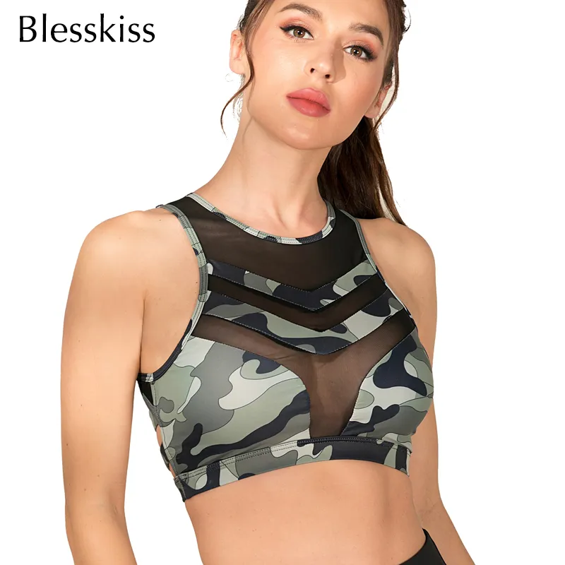 Blesskiss Mesh Sports Bra For Women Gym Top Sexy Camouflage Push Up Fitness Clothing Ladies Girls Padded Workout Yoga Bra