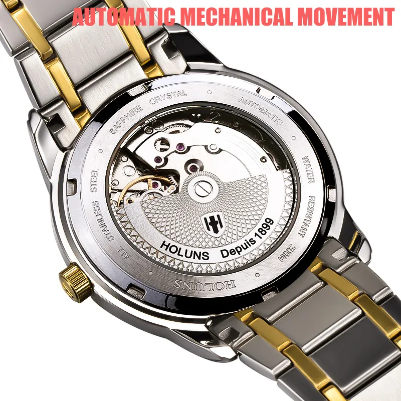 HOLUNS RELOGIO MASCULINO Pełne stali nierdzewne Men Automatyczne zegarek Top Marka Luksusowa 5Atm Wodoodporna Super Luminous Drop297F