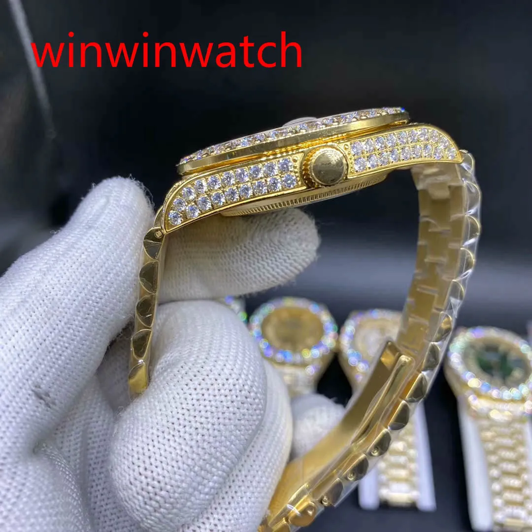 Novo luxo 43mm ouro grande diamante relógio mecânico homem ouro diamante rosto automático aço inoxidável conjunto de pinos masculinos watch235x
