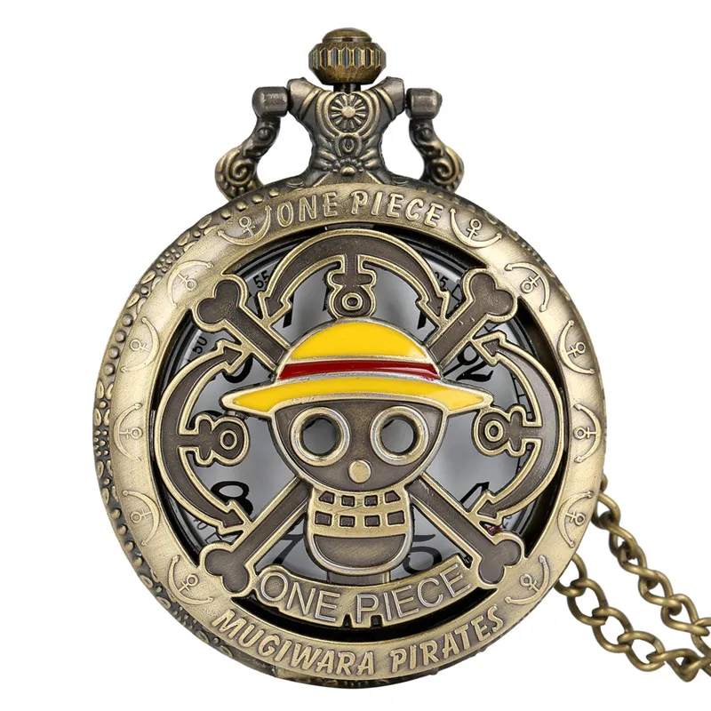 Винтажные бронзовые цельные карманные часы, японские анимированные пиратские черепа, кварцевые часы для мужчин, женщин, детей, ожерелье, подвеска, часы-цепочка Gif227Y