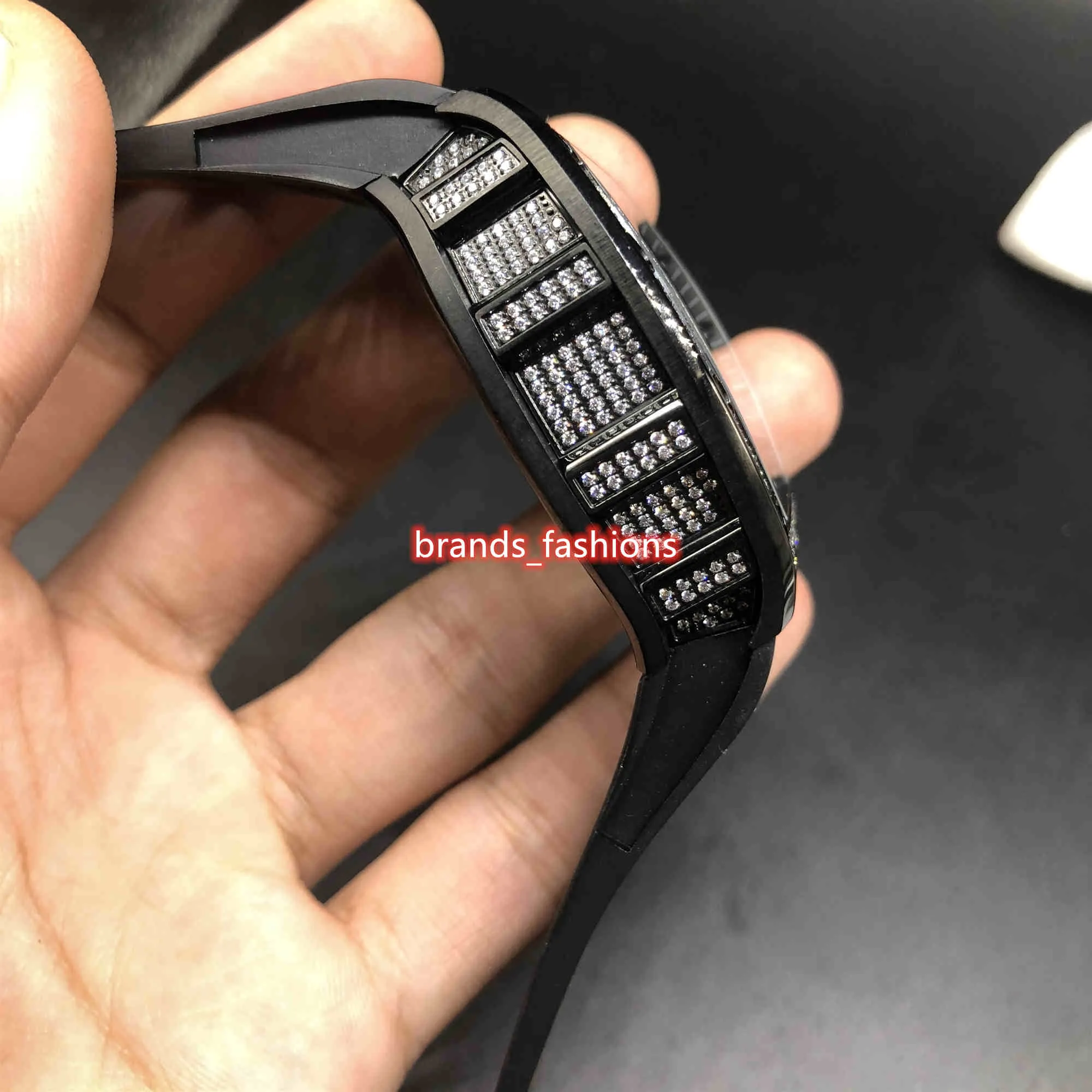 Herr Ice Diamond Watches OpenWork Face Watch Diamond Case titta på svart gummiband helt automatisk mekanisk armbandsur318g