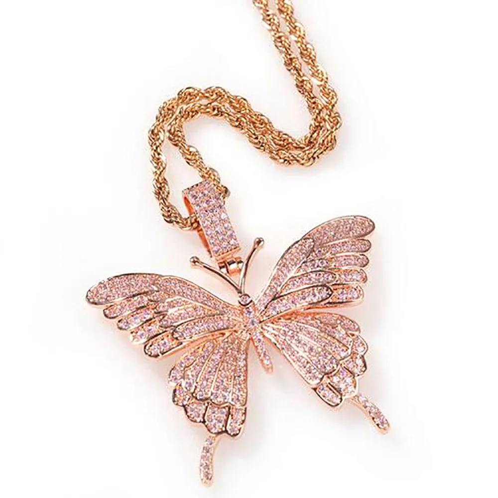 Iced Out roze vlinders hanger ketting met 24 inch tenniskettingen zirkonia sieraden 235K