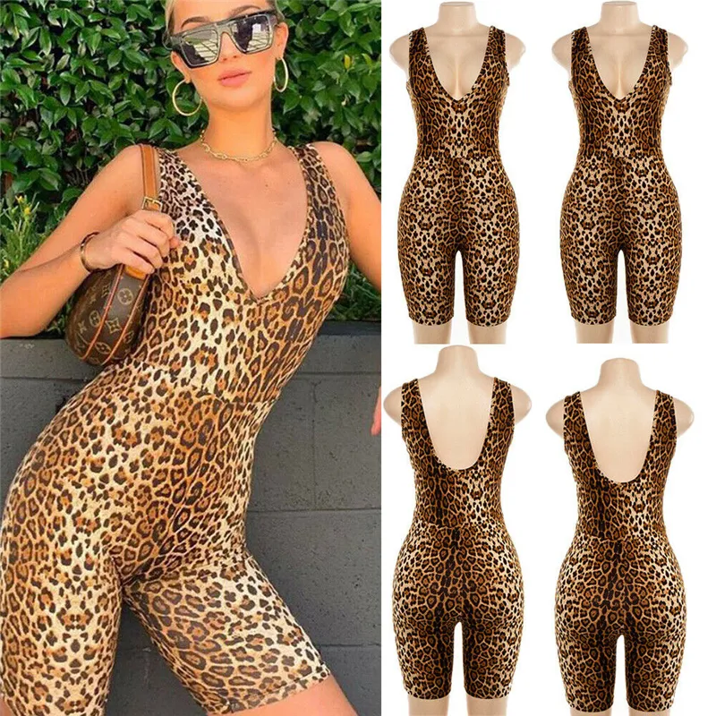 Casual Sporty Active Wear Backless Playsuit Sexy Push Up Strap Rompers Womens Leopard Jumpsuit Workout Fitness Biker Playsuits T200527
