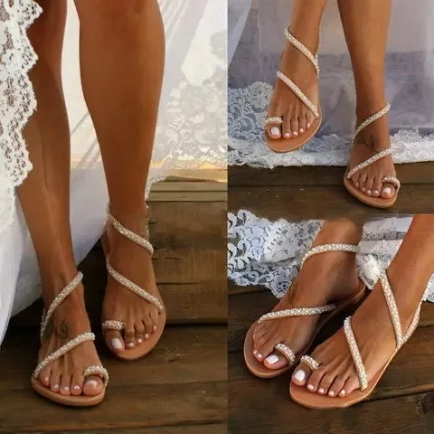 Shoes Fashion Women's Crystal Pearl Flat-soled Casual Sandals New Summer Lady Sandals Bohemia Comfortable Ladies Shoe