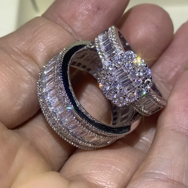 Novidade joias exclusivas de luxo feitas à mão 925 prata esterlina completa princesa corte branco topázio cz diamante eternidade mulheres casamento ban209o