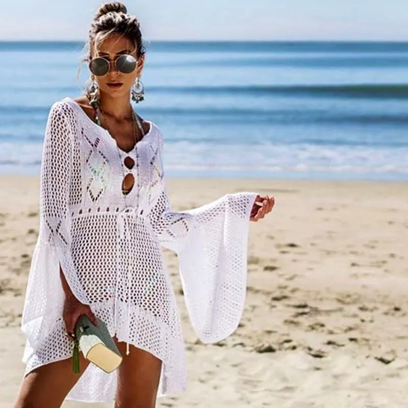 2019 Gehaakte Witte Gebreide Strand Cover Up Jurk Tuniek Lange Pareos Bikini Cover Ups Swim Up Robe Plage Beachwear306T