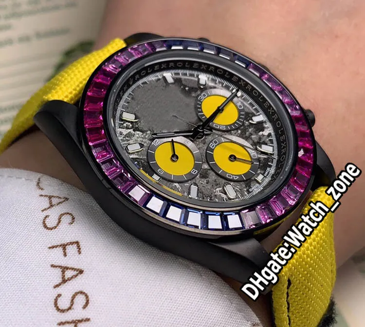 Versione PVD Cassa nera 116500LN Quadrante giallo con scarabocchi Orologio automatico da uomo Cinturino in pelle di nylon giallo Lunetta con diamanti arcobaleno Wa210k