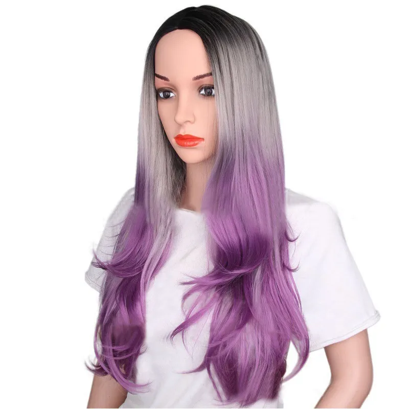 Natural Wave Synthetic Wigs Purple Three Color Gradient Long Curly Hair