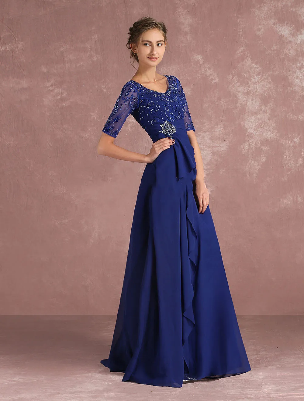 Abiti la madre della sposa con maniche 1/2 blu navy 2022 Scollo a V Lunghezza pavimento in pizzo vintage Abiti da sera formali251W