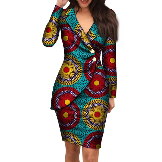 女性のファッションオフィススタイルのVネック長袖Midiドレスバジンリッチアフリカのプリント服WY4052のための秋のアフリカのドレス