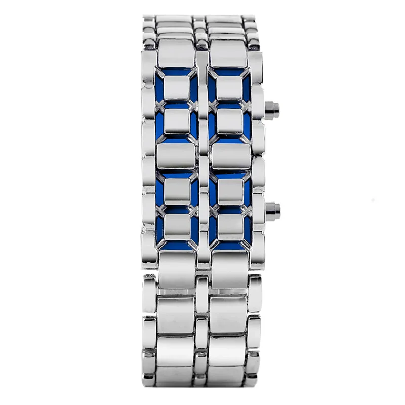 Mode noir argent plein métal numérique lave montre-bracelet hommes rouge bleu LED affichage hommes montres cadeaux pour homme garçon Sport Crea236a