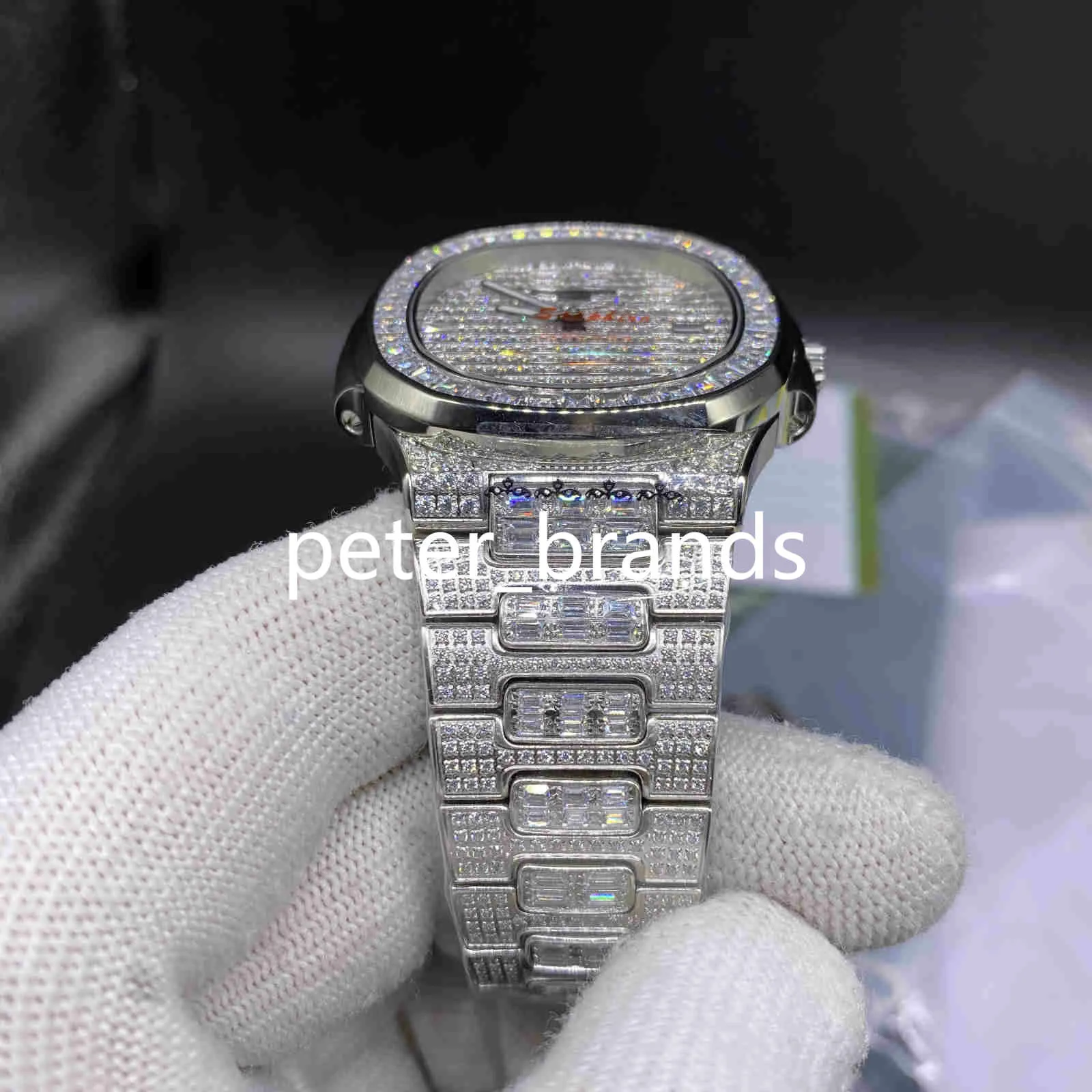 Top-Qualität Herren-Automatikuhren Iced Out Diamant-Uhr 40 mm Silber Edelstahl Baguettes Diamant Lünette Saphir Watch319G
