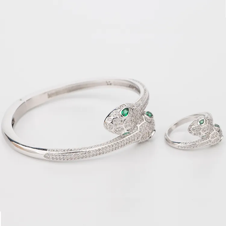 New Fashion Brand Jewelry Sets Lady Brass Full Diamond Green Eyes Double Heads Snake Serpent 18K Gold Bracelets Rings Sets 280A